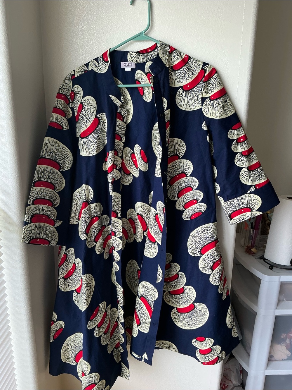 Zuri Navy Patterned Open Kimono Coat with Red & Cream Accents